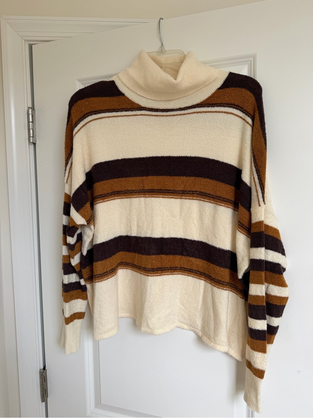 Hem & Thread Cream Turtleneck Sweater with Brown and Dark Brown Stripes